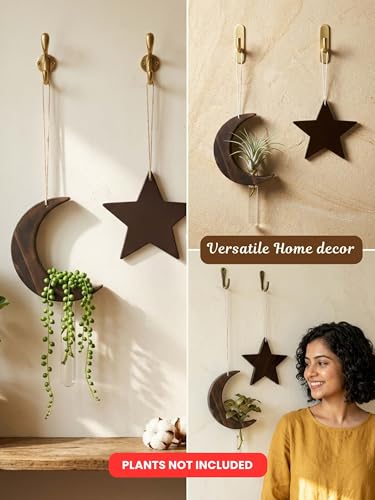 Image of Bombay Greens Hanging Moon Star Planter with Wooden Holder & Rope | Test Tube Hanging Planter Indoor Stand | Wooden Hanging Home Decor, Living Room, Balcony & Office