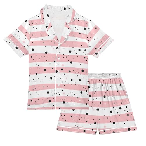 Pink Stripe Dots Pajamas Set Soft Pjs Sets 2 Piece Short Sleeve Sleepwear Casual Loungewear
