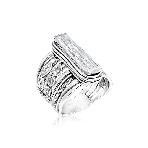 JEAN RACHEL JEWELRY Sterling Silver Baguette CZ Floral Ring for Women - 925 Sterling Silver Ring - Vintage Inspired Statement Ring - Hypoallergenic, Lead & Nickel Free - Boho Artisan Design (7)