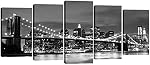 Wieco Art Brooklyn Bridge Night View 5 Piece Modern Stretched and Framed Landscape Artwork Giclee Canvas Prints Abstract Pictures Paintings on Canvas Wall Art for Living Room Home Decorations