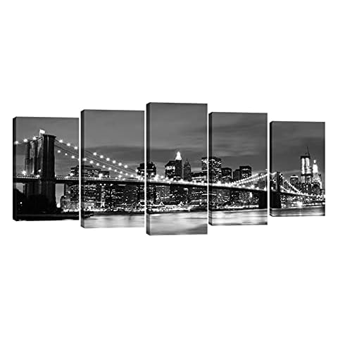 Wieco Art New York Brooklyn Bridge Canvas Wall Art Night View 5 Panels Modern Landscape Artwork Canvas Prints Abstract Pictures to Photo Canvas Wall Decor for Home & Office Decorations Cover