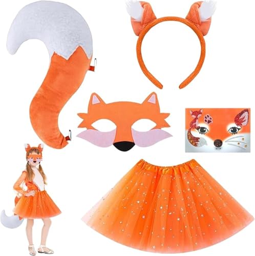 XIEXIESHER Conjunto de Disfraces de Zorro Animal 5PCS, Orejas y Cola de Zorro con Diadema de Zorro Máscara de Zorro Cola de Zorro Falda Naranja y Pegatina de Cara, para Disfraz de Animal Cosplay
