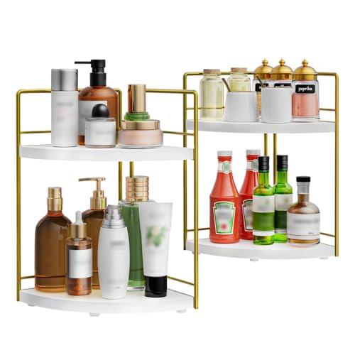 OCPO HOME 2X Badezimmer Arbeitsplatten Organizer, Kosmetik Organizer Weiß, 2 Ebenen Standregal Holz Arbeitsplatte, Eckregal Stehend aus Holz für Küche, Wohnzimmer, Badezimmer, Schminktisch (Gold)