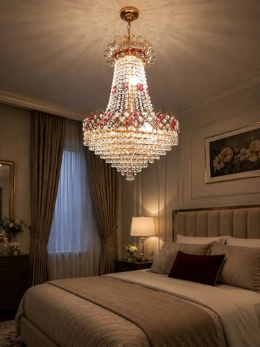 Image of SHRI MAHAL ANTIQUES 20W with LED Bulb Glass Decorative Metal Crystal Pendant Ceiling Lamp Chandelier, Bulbs Included (480mm, Golden)-AC