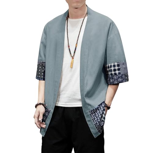 Image of PRIJOUHE Men's Kimono Jackets Cardigan Lightweight Casual Cotton Blends Linen Seven Sleeves Open Front Coat Outwear