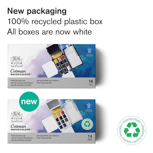 Winsor & Newton Cotman Watercolor Paint Set, Field Pocket Set, 12 Half Pan w/ Brush, Sponge, Bottle