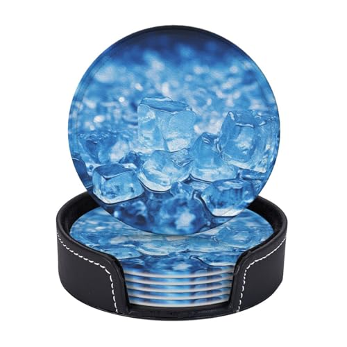 Juego de 6 posavasos de cuero antideslizantes impermeables con soporte redondo para tazas, posavasos de fondo azul para bebidas, protección de mesa, mesa de café, bar, decoración del hogar