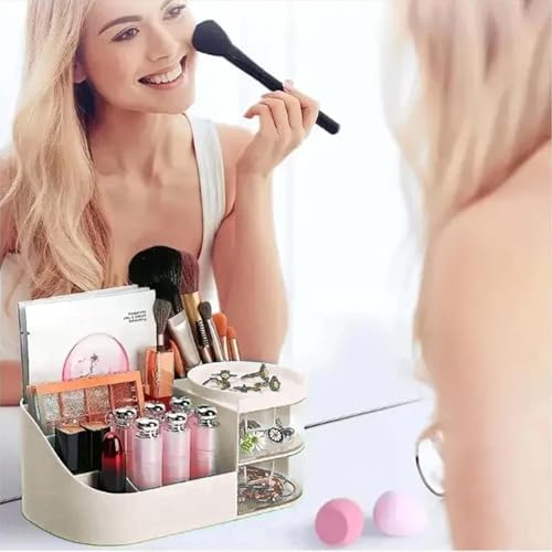 Image of zuku MakeUp Organizer Stand Desk Storage Dressing Table Organiser Cosmetic Organizer Box Skin Care Table Bathroom Organiser Makeup Storage Box Makeup Vanity with Transparent Drawer(Cream)