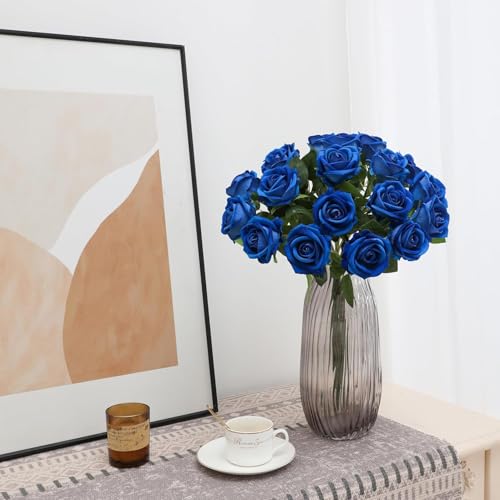 Image of Dekorly Artificial Fake Roses Flowers - 10 Pcs Fake Artificial Roses Silk Flowers with Stems for Home Room Tabletop Wedding Hotel Office Centerpiece Decor | Height 18 Inch (Blue)