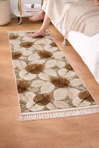 Image of SAGON 2x5 Ft Printed Runner Carpet - Cotton Bedside Rug for Bedroom & Living Room (Brown Leaf)