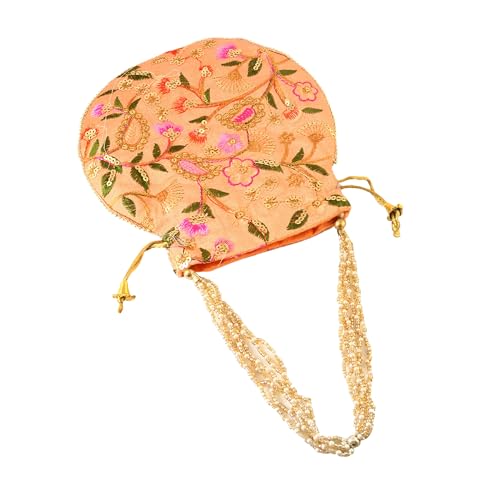 Image of Handcrafted Potli Purse with Golden Floral Embroidery and Pearl Accents