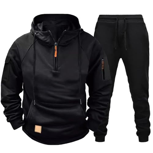 Men's Cargo Sweatsuit 2 Piece Set Quarter Zip Hoodie and Sweatpants Set Joggers Outfit Causal Sport Tracksuits
