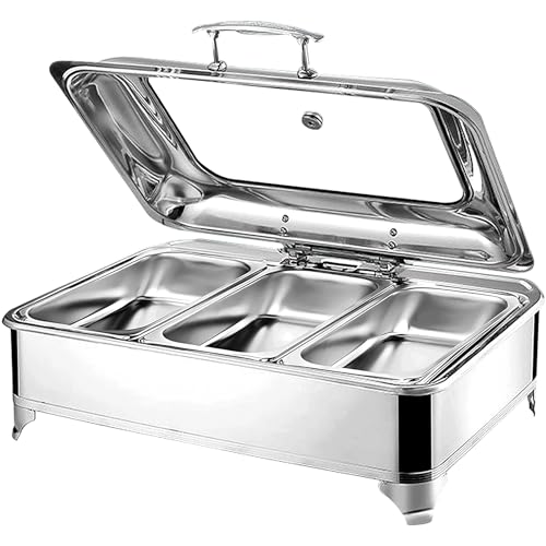 Chafing Dish Elektrisch 9L Edelstahl Speisenwärmer Warmhaltebehälter mit Sichtbarer Glasabdeckung, Elektrisch Buffetwärmer für Partys und Hochzeiten, Einstellbarer Temperatur (0-85 ℃)(Size:GN1/3