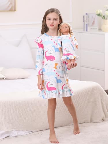 Bow Dream Toddler Girls Casual Dress and Matching American Girl Doll Clothes for Girls White Dinosaur3