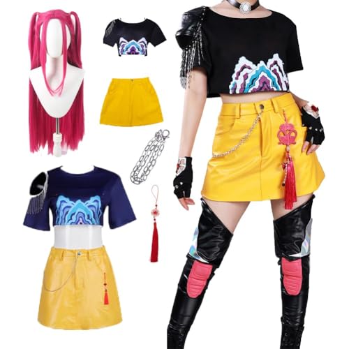 Linnektome Black T-shirt Yellow Skirt Costume Uniform Dress For Women (Yellow Wig XS)