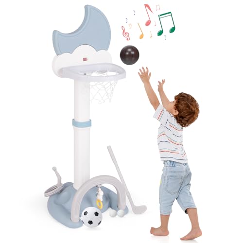 Costzon Kids Basketball Hoop with Electronic Scoreboard Cheer Sound, 4 in 1 Height Adjustable Toddler Basketball Hoop with Soccer, Golf, Ring Toss Game for Indoor Outdoor, Gift for Boys Girls