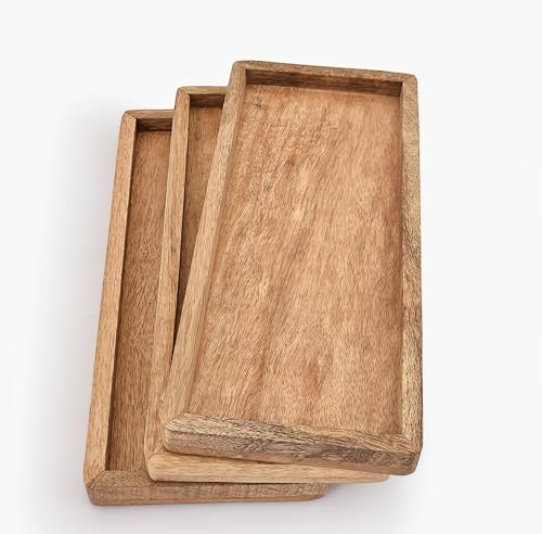 Image of Wooden Tray Set of 3 for Serving | Natural Wood Rectangular Trays for Kitchen, Dining, Coffee Table & Home Decor | Handcrafted Trays for Tea, Coffee