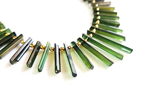 RARE GEMSTONE Natural Green Tourmaline Rough Sticks, Drilled Long Crystals 30-Piece Strands, Loose & Polished Sizes 6-20 MM 5 Inches