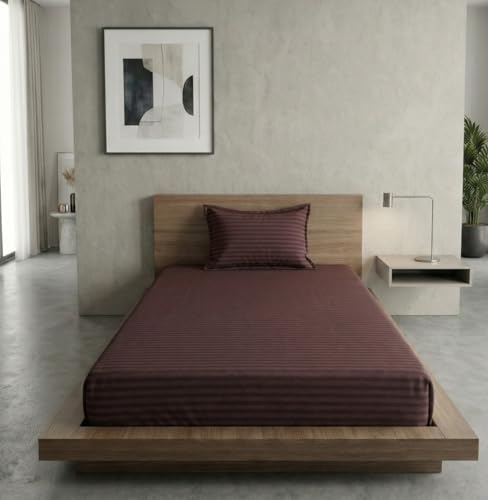 Image of Home Sizzler Microfibre Brown Satin Stripe Elasticated Fitted Single Bedsheet (72x36 Inches) with 1 Pillow Cover