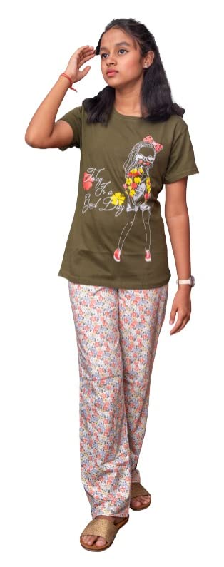 Image of Rabbittospotty Cotton Hosiery Cartoon Printed Night Suits for Girls (9-16 Years) Red White Navyblue Pink and Greenwhite