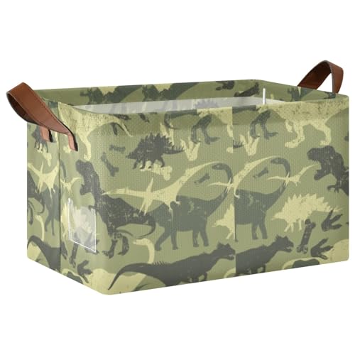 Seamless Vintage Camouflage Dinosaurs in Retro Green Style 1PC Rectangle Foldable Frame Basket Leather Handles Storage Bin for Laundry Bathroom Organizer M 16.9 x 11.4 x 10 inch