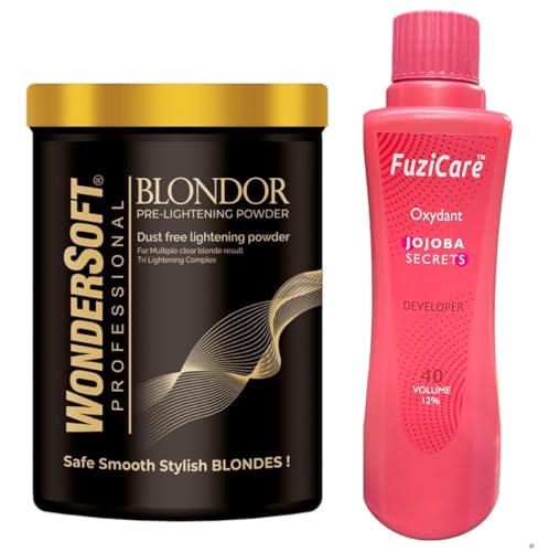 Wondersoft Professional Blonder Powder Lift Up To 10 Level With Fuzicare Oxident Jojoba Secrets 40 Volume Developer For Blond and Highlighting (Men,women)