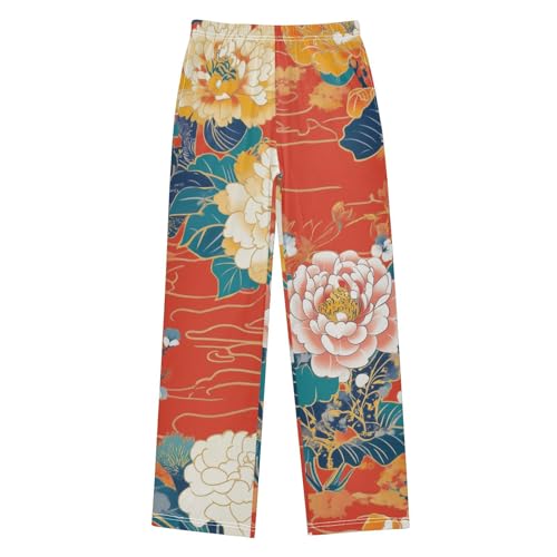 Peony Florals Boys Long Pants Soft Trousers Elastic Waist Kids Lounge Bottoms with Pockets S-XL