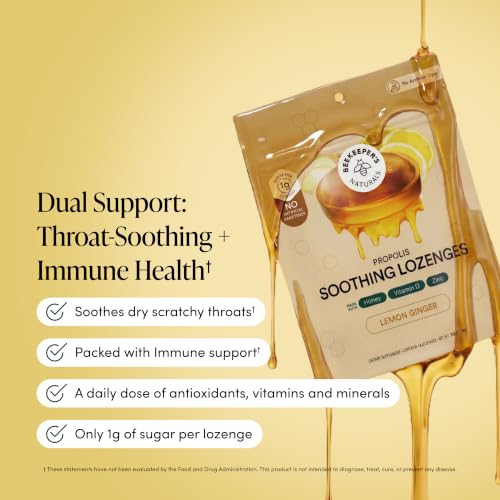Image of Beekeeper's Naturals Throat Soothing Honey Cough Drops, Lemon Ginger 24 Ct | Immune Support with Vitamin D, Zinc and Propolis, Throat Soothing Lozenges