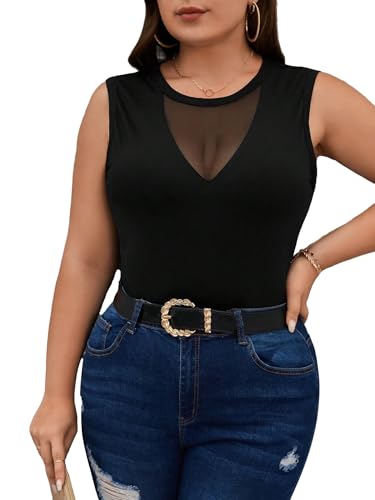 MakeMeChic Women's Plus Size Mesh Sheer Sleeveless Camisole Round Neck Summer Casual Tank Top