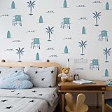 Beach Town Surfboard Wall Decals, Summer Beach Theme Decor,Boho House Wave Palm Tree Decals, for Living Room Bedroom Nursery Wall Decor (Blue Beach Town)
