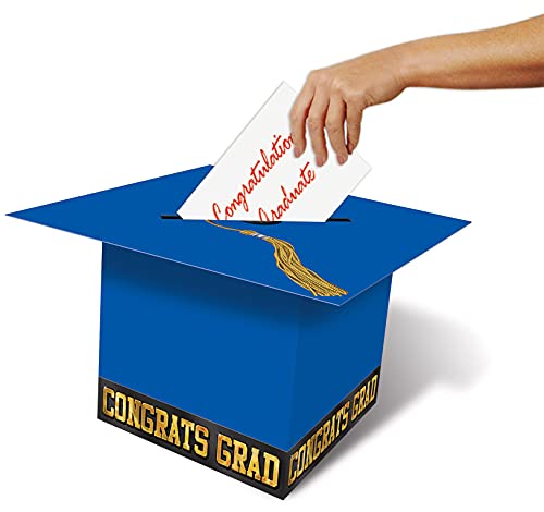 Beistle Blue Gift Card Box For Graduation Party Décor, Blue/Black/Gold, 8.5” X 8.5” #TOP2