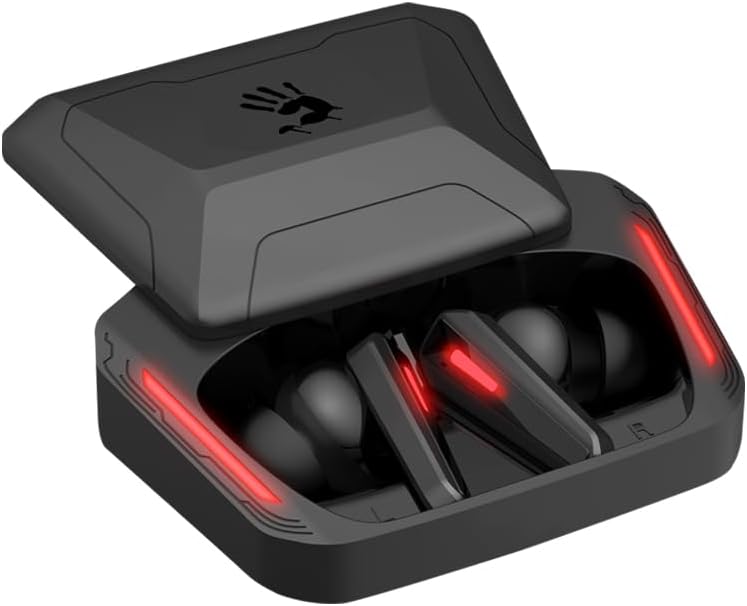 Smartphone screen showing Bluetooth settings with 'Bloody M70' listed as a connected device, next to the earbuds in their charging case.