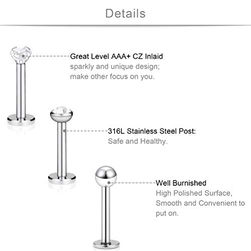 SCERRING 18PCS 16g Stainless Steel Clear Cubic Zirconia Labret Monroe Lip Tragus Cartilage Helix Earring Ring Body Piercing Jewelry 6mm 8mm 10mm2