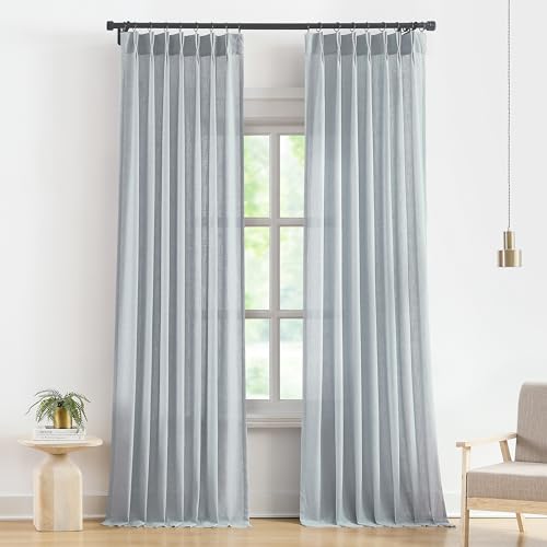 Image of Vision Home Blue Grey Pinch Pleated Semi Sheer Curtains Textured Linen Blended Light Filtering Window Curtains 112 inch for Living Room Bedroom Pinch Pleat Drapes with Hooks 2 Panels 40 inch Wx112 L