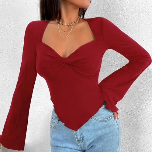 Blusa de Manga Comprida Com Decote Em V, Bainha Irregular, Adequada para a Pele, Feminina, Decote Em
