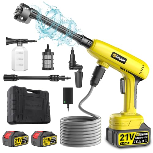 Hogedrukreiniger, 60 bar, mobiel hogedrukwaterpistool met 2 x 4000 mAh accu, 6-in-1 multifunctioneel mondstuk, 180° draaibaar mondstuk, 5 m slang, filterketel, geschikt voor auto's, terras en ramen