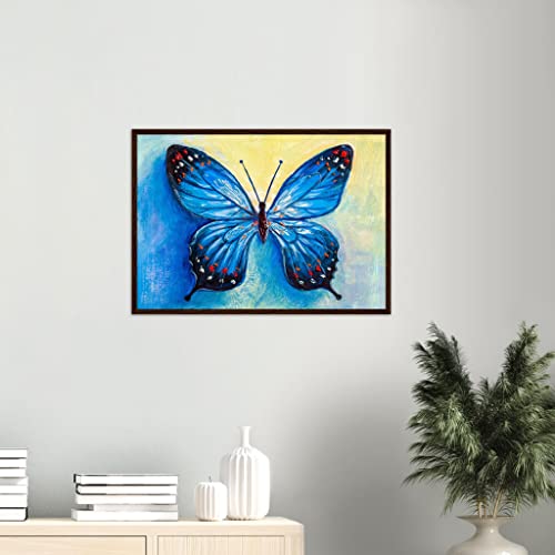 Affiche papillon bleu avec cadre en bois foncé 50x70 cm élégante