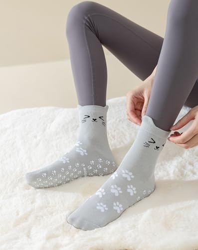 Image of Yawlsow Pilates Grip Socks for Women Cute Yoga Grippy Non Slip Non Skid Cat Socks with Cat Paw Gripper for Barre Workout