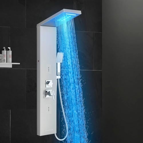 LLFFSSDG Panel de Ducha de Acero Inoxidable con Sistema LED y Columna de Hidromasaje – Ducha de Lluvia, Cascada, Masaje y Ducha de Mano para Baño Cepillado