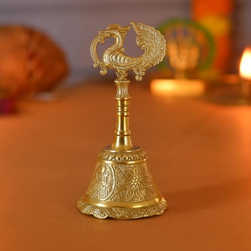 Image of Craftvatika Brass Hand Bell for Pooja Ghanti for Mandir, Peacock Design Hand Bell Ghanti, Pooja Decoration Items, Home and Office Temple Prayer, Festive Decor Bells (11.5 CM Height, Golden)