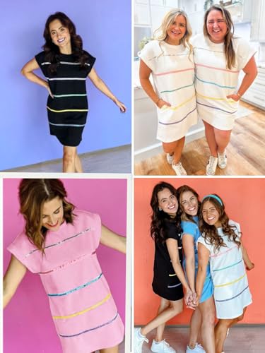 Wenrine Womens Textured T Shirt Dress Short Sleeve Summer Casual Sequin Stripe Mini Dresses4