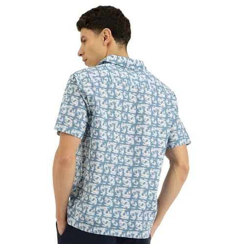 Image of United Colors of Benetton Relaxed Fit Resort Collar Printed Linen Blend Stroke Shirt