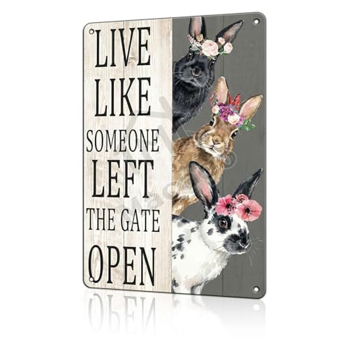 macago Funny Bunny Rabbit Metal Tin Sign - Live Like Someone Left The Gate Open - Cute Farmhouse Wall Decor - Rustic Spring Animal Art 8x12 inch