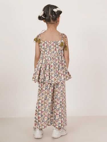 Image of FABRIC FITOOR Kids Cotton Grey Colour Geomatric Print Top & Palazzo Set /Co-ord Set For Girls
