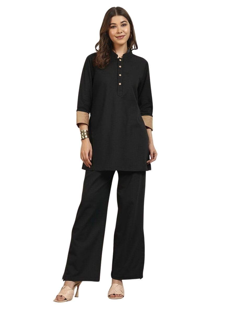 deebaco Women's Solid Cotton Flex Kurta with Ankle Length Slit Pant Co-Ord Set|Cuff Sleeve|Mandarin Collar|Long Dresses for Woman Western|Two Piece|Traditional Party Casual Wear-picture-52