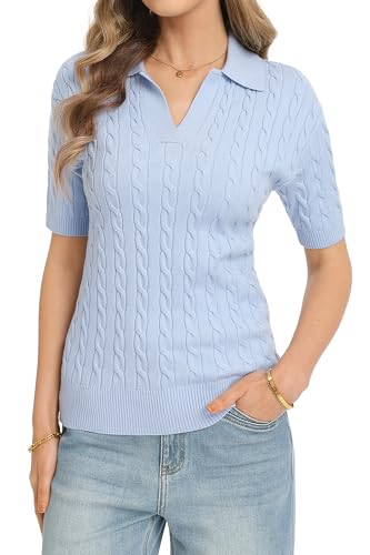 Image of QUALFORT Cable Knit Women's Short Sleeve Sweater Soft V Neck Polo Tops