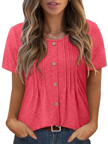 Peach Pink Shirts Short Sleeve with O Neck Summer Tunic Pleated Front Ruffle Top For Women XL