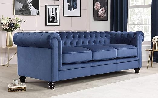 Image of 5 Seater Luxury Chesterfield Sofa in Velvet for Living Room & Dining Room (100% Teak Wood) (Blue)