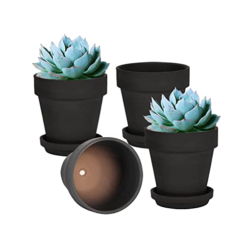 vensovo 15CM Black Terracotta & Clay Pots for Plant with Saucer, 4 Pack Medium Terra Cotta Planter with Drainage Hole