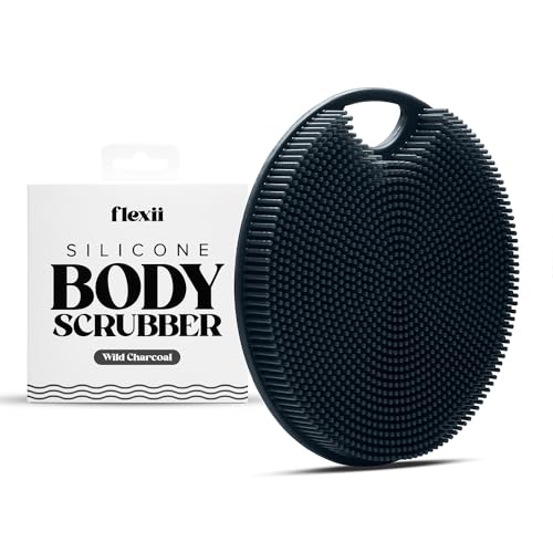 flexii Silicone Body Scrubber - Premium Body Brush for Sensitive Skin Gentle Body Exfoliator & Shower Scrubber Exfoliating Silicone Loofah for Men & Women - Charcoal
